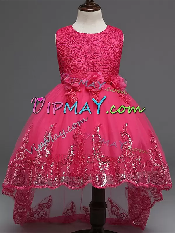 Hot Sale Lace and Appliques and Bowknot and Hand Made Flower Girls Pageant Dresses Hot Pink Zipper Sleeveless High Low