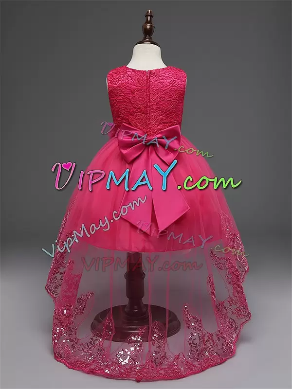 Hot Sale Lace and Appliques and Bowknot and Hand Made Flower Girls Pageant Dresses Hot Pink Zipper Sleeveless High Low