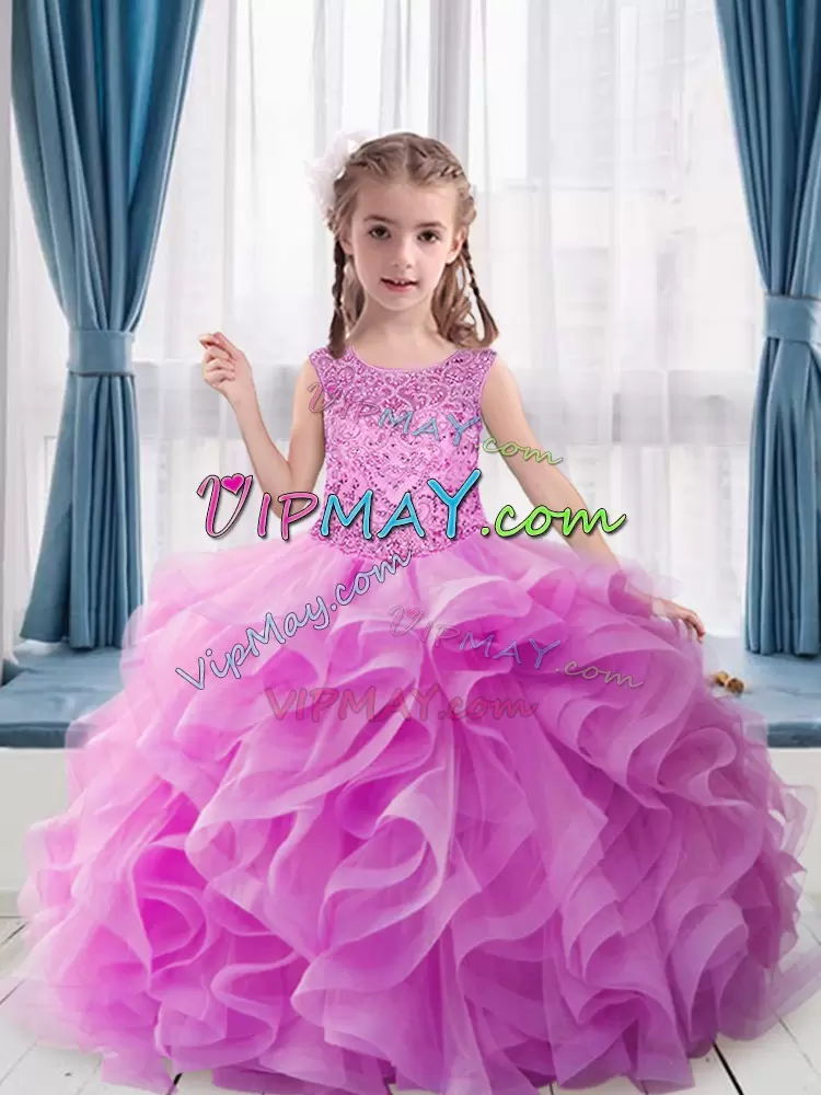 Pink Lace Up Sweetheart Cap Sleeves Floor Length Little Girl Pageant Dress Sweep Train Beading