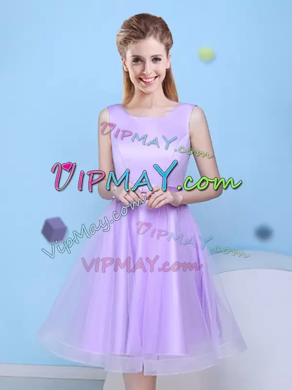 Scoop Sleeveless Bridesmaids Dress Knee Length Bowknot Lavender Tulle