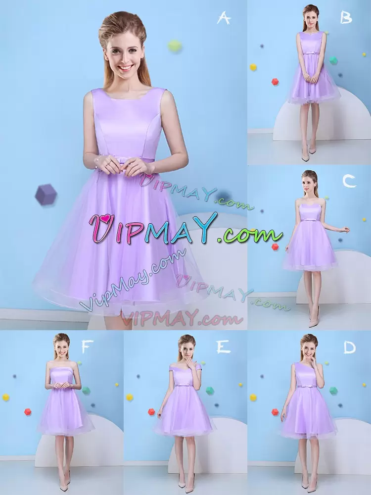 Scoop Sleeveless Bridesmaids Dress Knee Length Bowknot Lavender Tulle