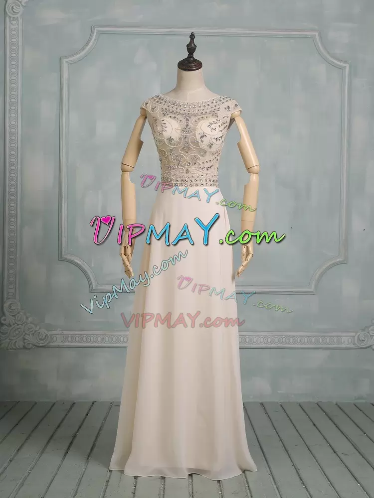 Adorable Champagne Empire Scoop Cap Sleeves Chiffon Floor Length Zipper Beading Wedding Dress