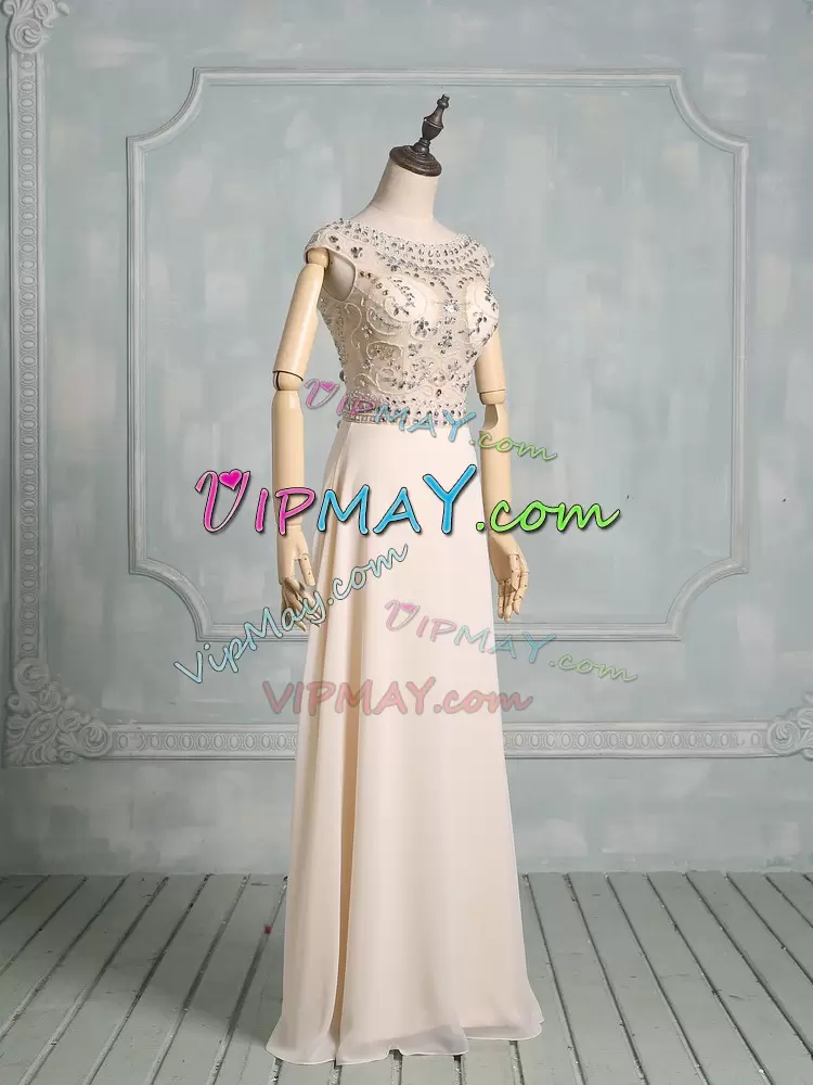 Adorable Champagne Empire Scoop Cap Sleeves Chiffon Floor Length Zipper Beading Wedding Dress