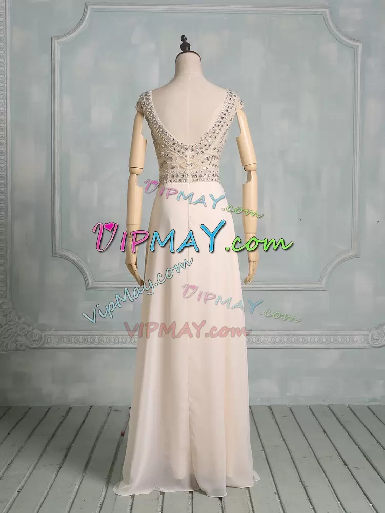 Adorable Champagne Empire Scoop Cap Sleeves Chiffon Floor Length Zipper Beading Wedding Dress