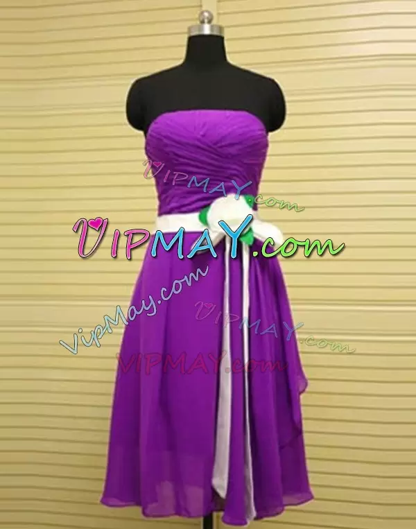 High End Chiffon Strapless Sleeveless Side Zipper Sashes ribbons and Ruching Wedding Guest Dresses in Purple