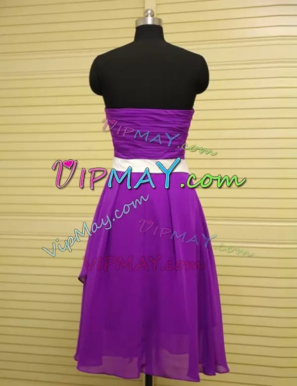 High End Chiffon Strapless Sleeveless Side Zipper Sashes ribbons and Ruching Wedding Guest Dresses in Purple