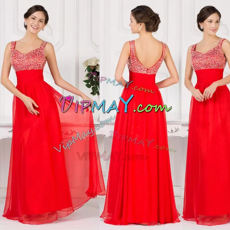 Romantic Red Sleeveless Floor Length Beading Zipper Bridesmaids Dress Scoop