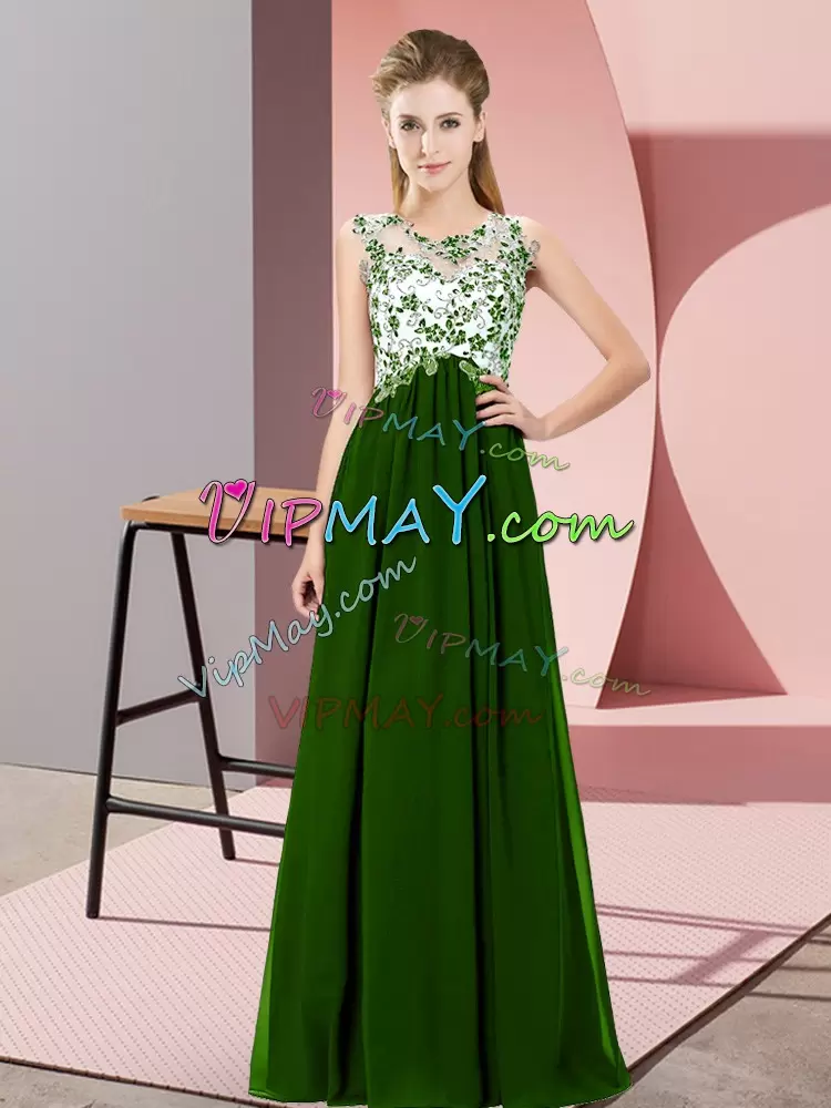 Top Selling Scoop Sleeveless Zipper Bridesmaid Dress Green Chiffon Beading and Appliques