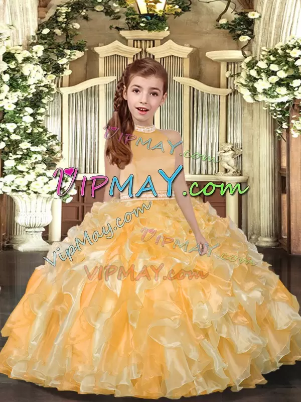 Most Popular Floor Length Ball Gowns Sleeveless Gold Little Girls Pageant Gowns Backless