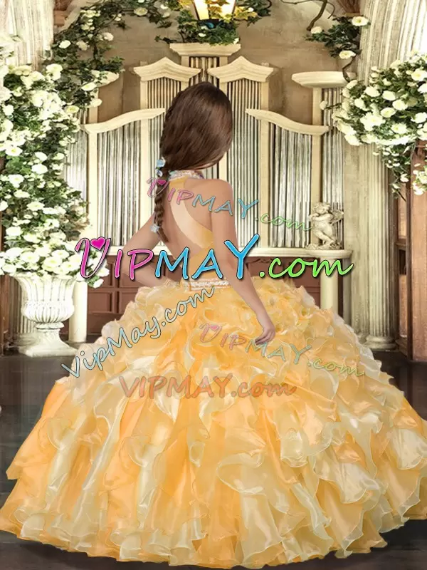 Most Popular Floor Length Ball Gowns Sleeveless Gold Little Girls Pageant Gowns Backless