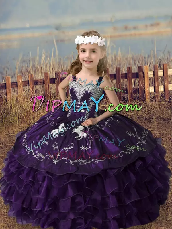 Elegant Purple Straps Neckline Embroidery and Ruffled Layers Little Girl Pageant Dress Sleeveless Lace Up