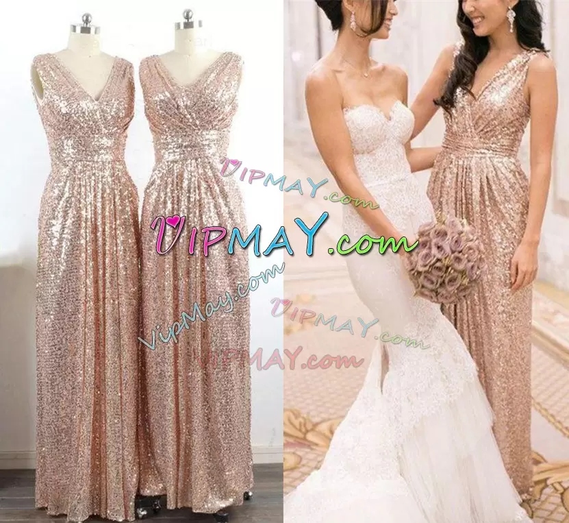 Modest V-neck Sleeveless Sequins Wedding Guest Dresses in Gold