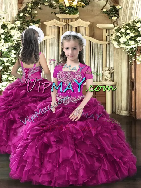 Fuchsia Organza Lace Up Little Girl Pageant Gowns Sleeveless Floor Length Beading and Ruffles