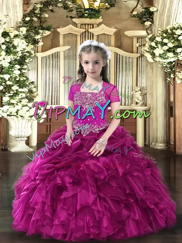 Fuchsia Organza Lace Up Little Girl Pageant Gowns Sleeveless Floor Length Beading and Ruffles