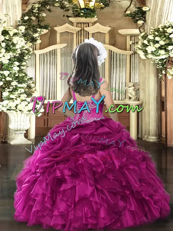 Fuchsia Organza Lace Up Little Girl Pageant Gowns Sleeveless Floor Length Beading and Ruffles