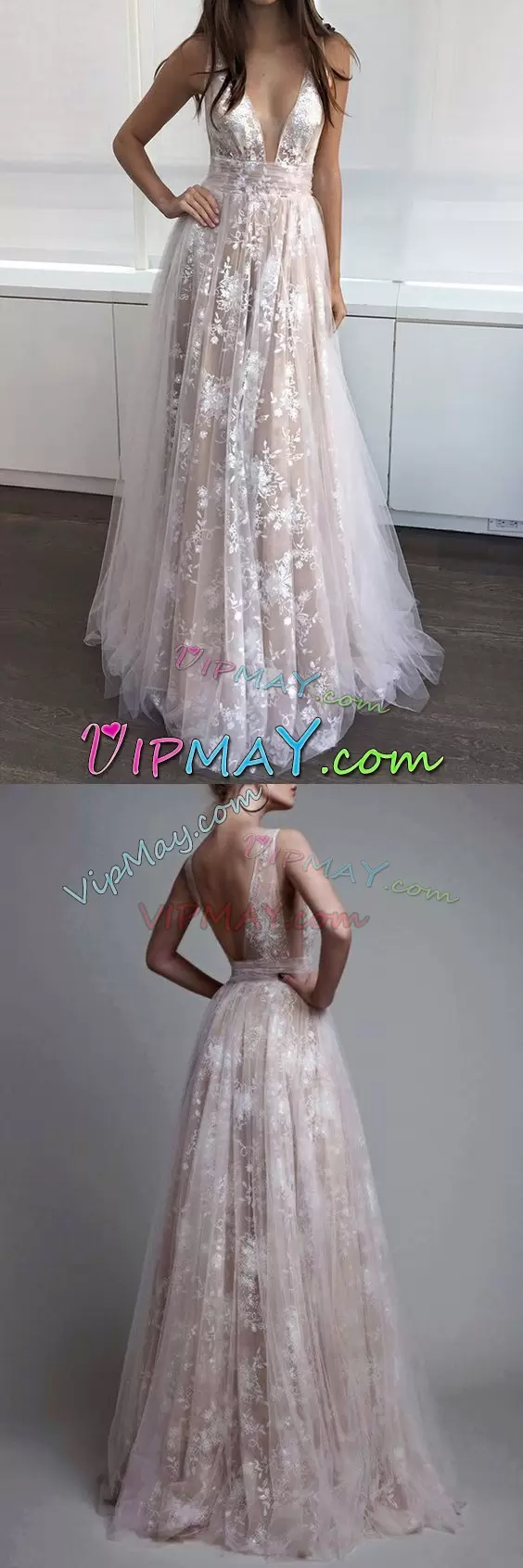 White A-line Lace V-neck Sleeveless Lace Floor Length Backless Wedding Gown