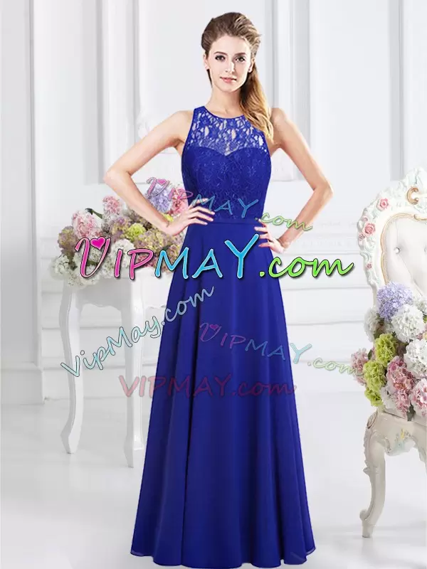 Royal Blue Sleeveless Floor Length Lace Backless Wedding Party Dress Scoop