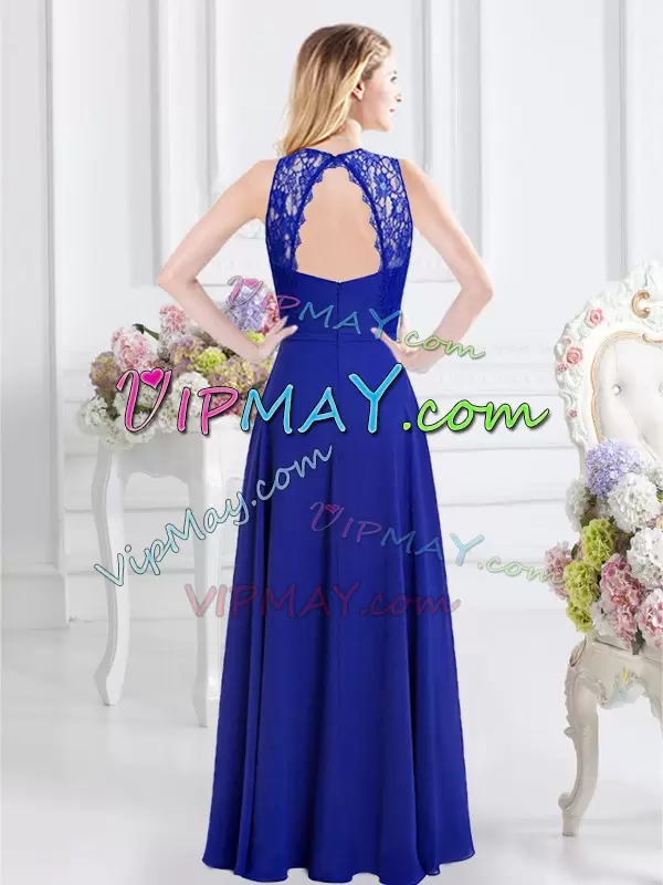 Royal Blue Sleeveless Floor Length Lace Backless Wedding Party Dress Scoop