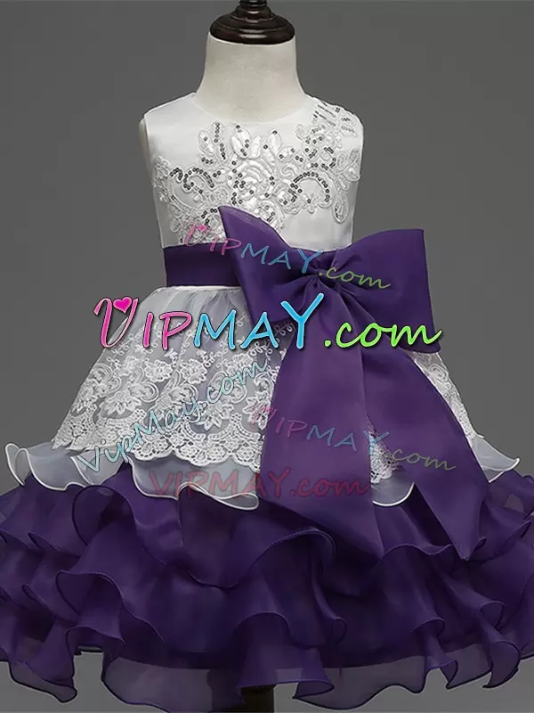 White And Purple Ball Gowns Scoop Sleeveless Organza Tea Length Zipper Lace and Ruffled Layers and Bowknot Little Girl Pageant Dress