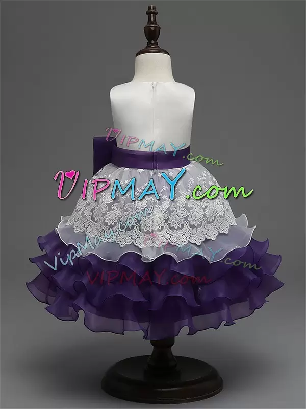 White And Purple Ball Gowns Scoop Sleeveless Organza Tea Length Zipper Lace and Ruffled Layers and Bowknot Little Girl Pageant Dress