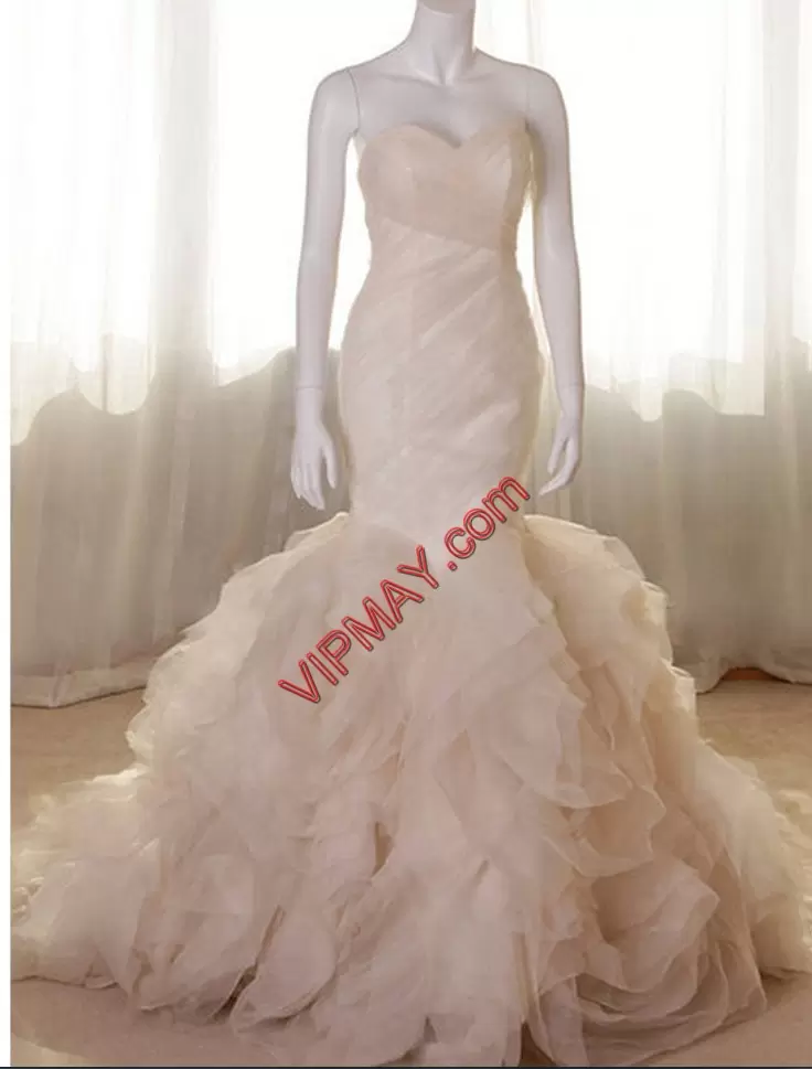 Excellent Sweetheart Sleeveless Wedding Gowns With Train Sweep Train Ruffled Layers and Ruching Pink Organza