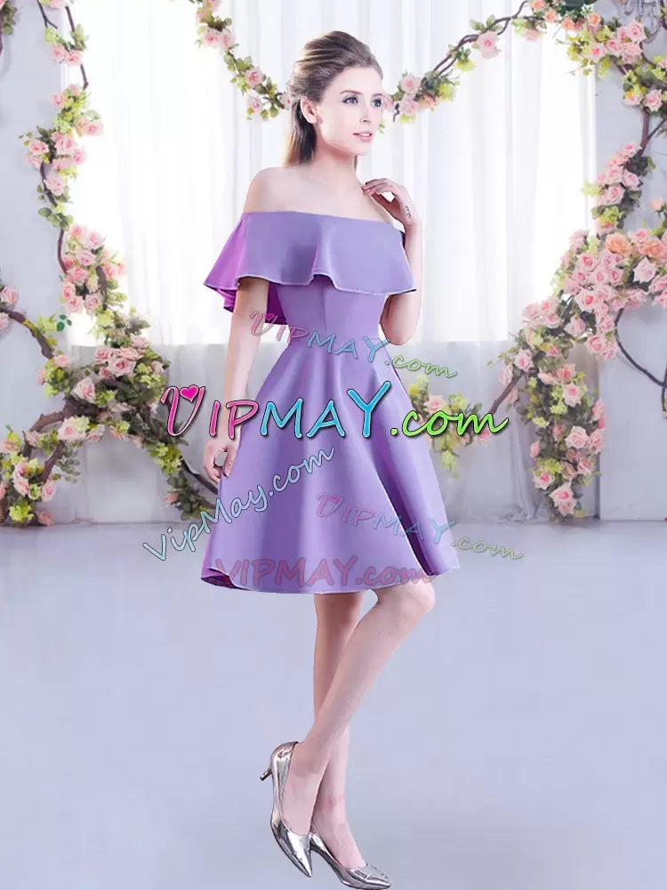 Artistic Off The Shoulder Short Sleeves Bridesmaids Dress Mini Length Ruching Lavender Chiffon