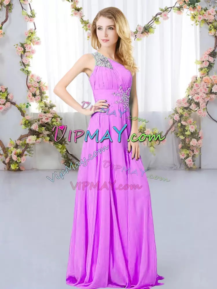 Lilac Zipper Bridesmaid Gown Beading Sleeveless Floor Length