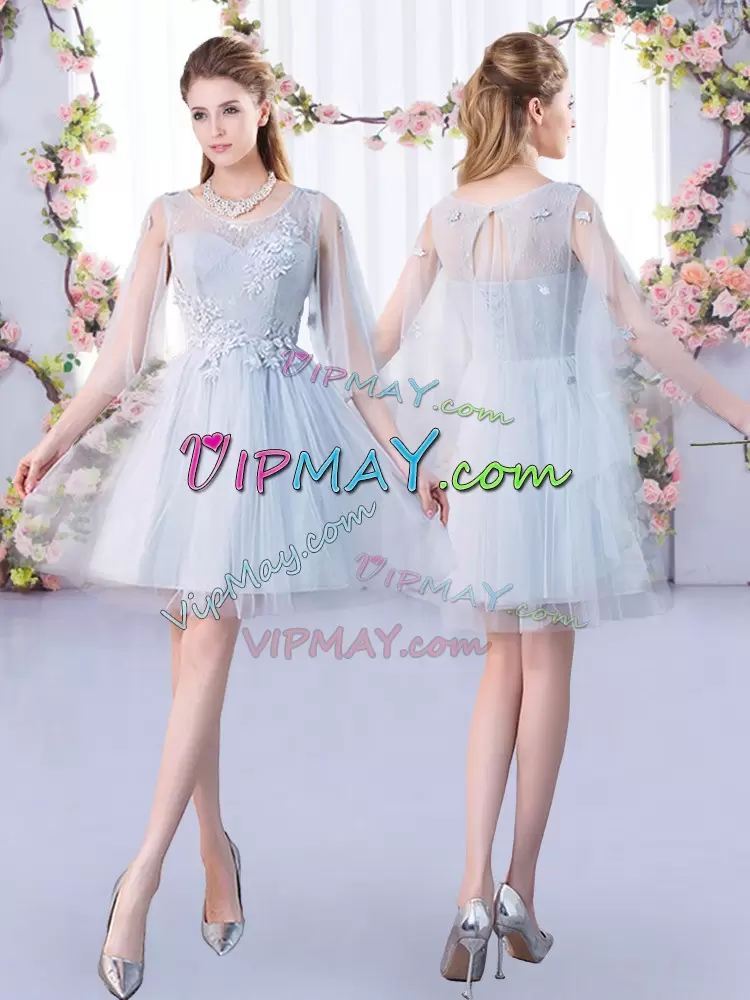 Dramatic Grey 3 4 Length Sleeve Tulle Lace Up Bridesmaid Gown for Prom and Party