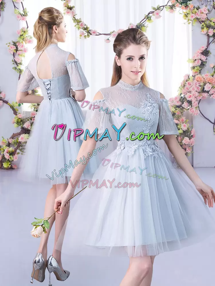 Dramatic Grey 3 4 Length Sleeve Tulle Lace Up Bridesmaid Gown for Prom and Party