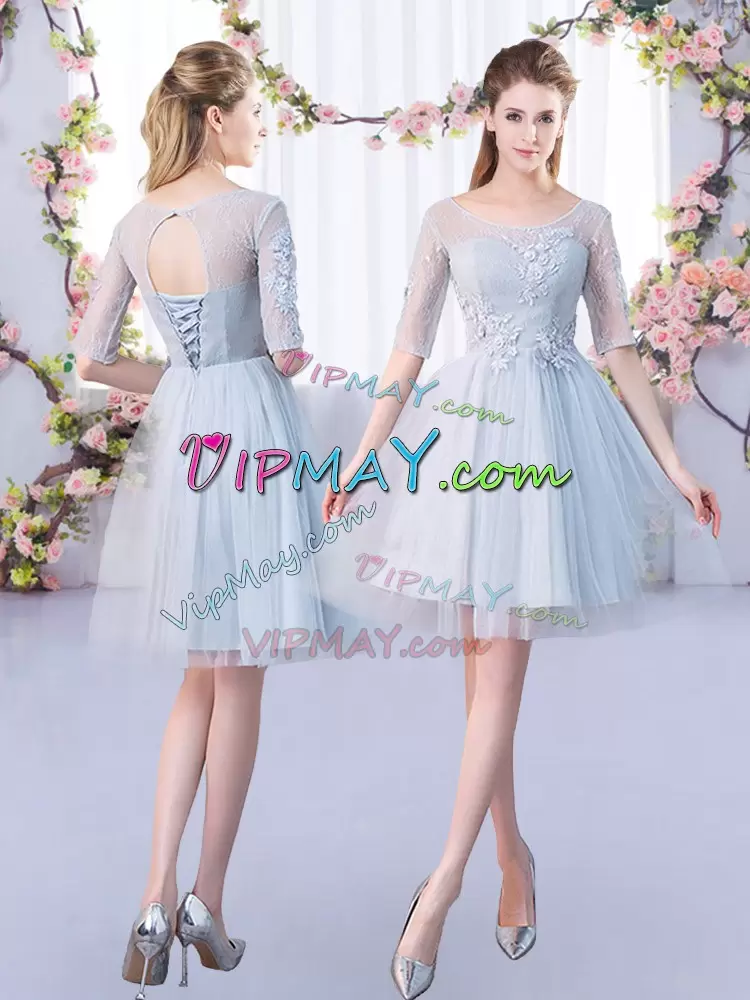 Dramatic Grey 3 4 Length Sleeve Tulle Lace Up Bridesmaid Gown for Prom and Party