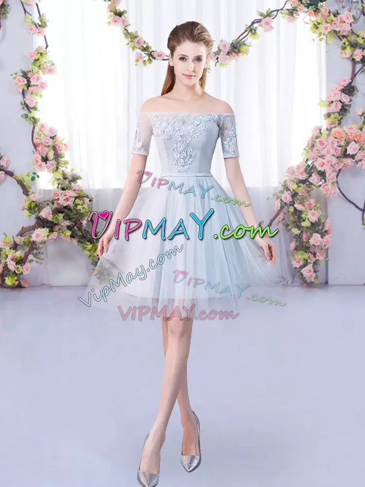 Dramatic Grey 3 4 Length Sleeve Tulle Lace Up Bridesmaid Gown for Prom and Party