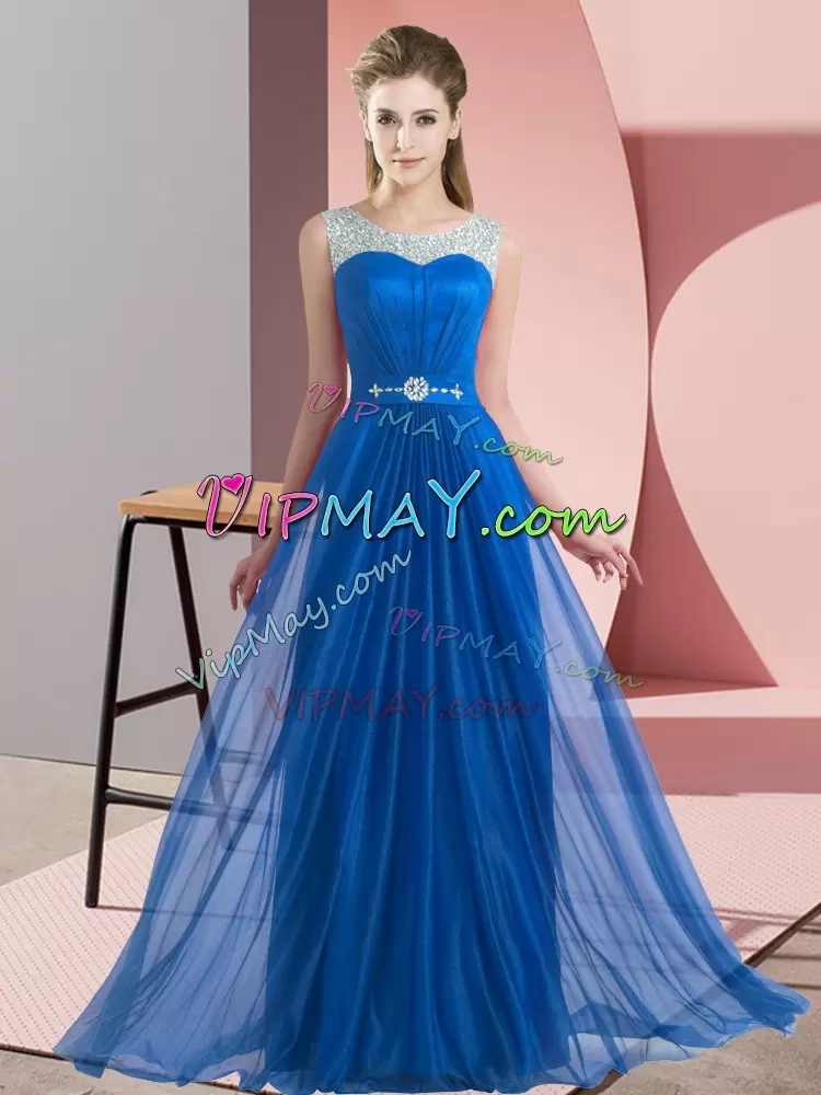 Dazzling Beading Dama Dress for Quinceanera Blue Lace Up Sleeveless Floor Length