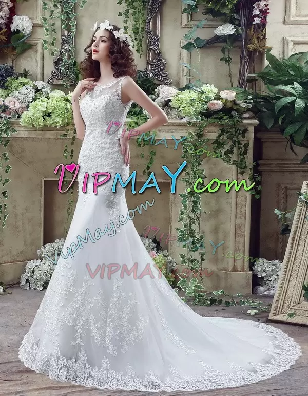 Wonderful White Scoop Neckline Beading and Appliques Bridal Gown Sleeveless Backless