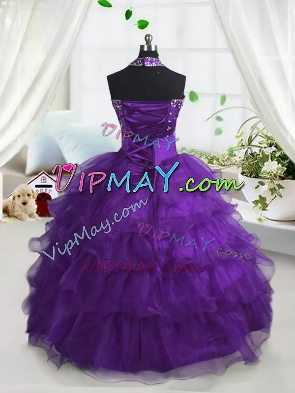 Ball Gowns Little Girls Pageant Dress Wholesale Purple Scoop Organza Sleeveless Floor Length Lace Up