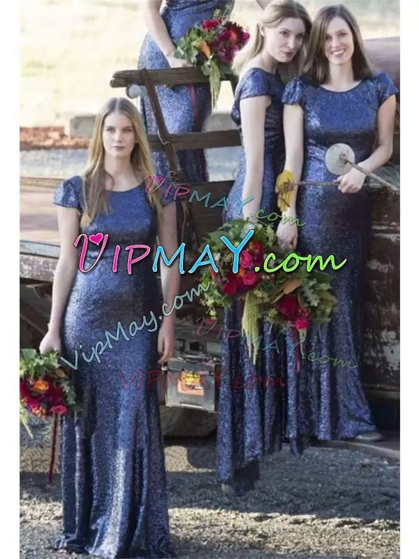 Romantic Blue Zipper Bridesmaids Dress Ruching Cap Sleeves With Train Sweep Train