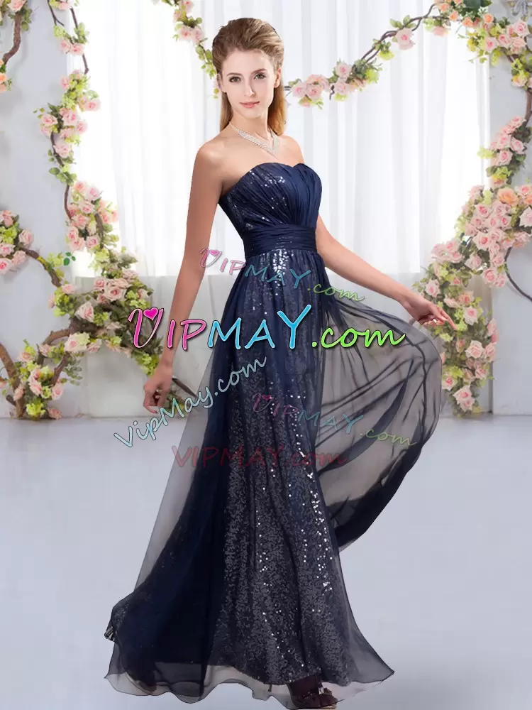 Navy Blue Sweetheart Neckline Sequins Vestidos de Damas Sleeveless Lace Up