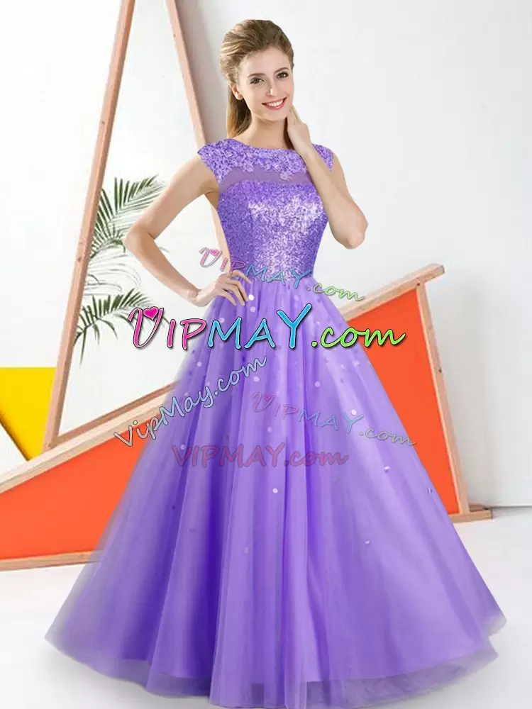 Colorful Lavender A-line Tulle Bateau Sleeveless Beading and Lace Floor Length Backless Bridesmaid Dresses