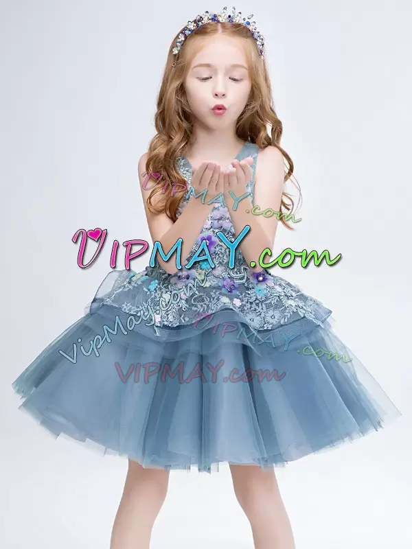 Amazing V-neck Sleeveless Lace Up Girls Pageant Dresses Grey Tulle Lace and Appliques