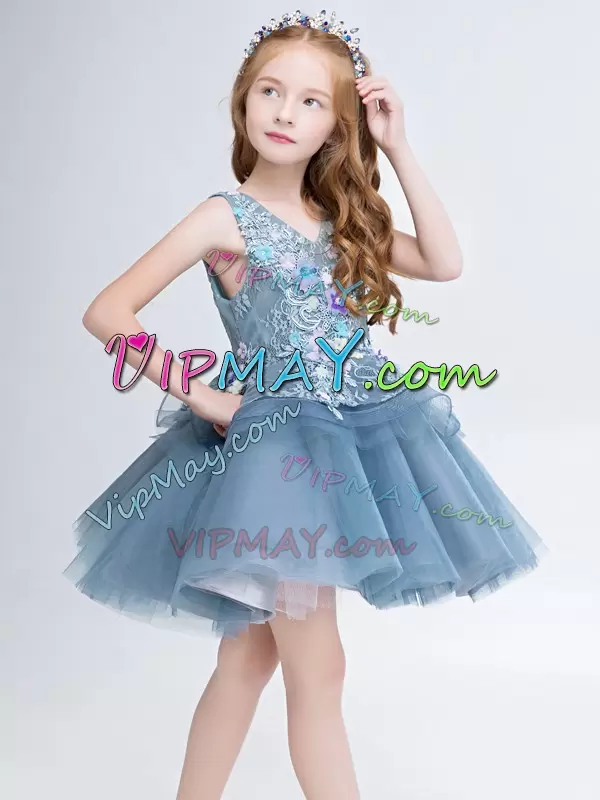 Amazing V-neck Sleeveless Lace Up Girls Pageant Dresses Grey Tulle Lace and Appliques