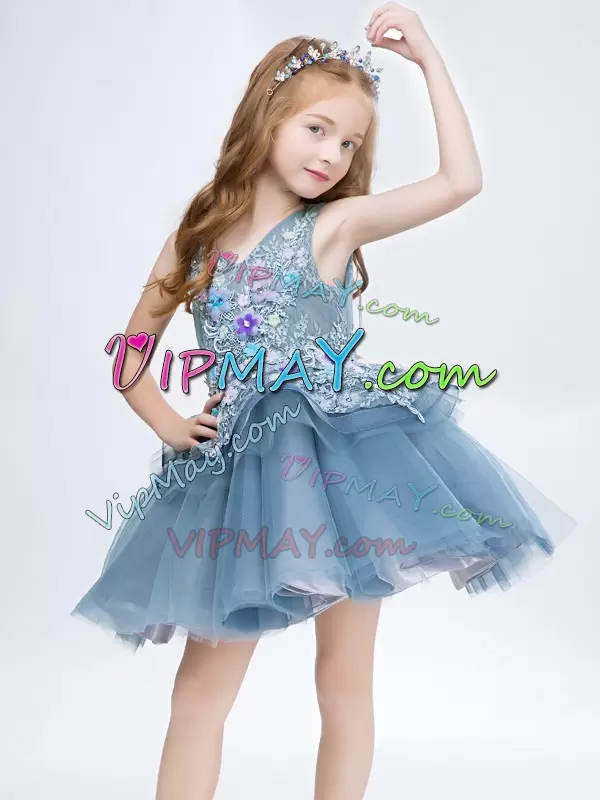 Amazing V-neck Sleeveless Lace Up Girls Pageant Dresses Grey Tulle Lace and Appliques