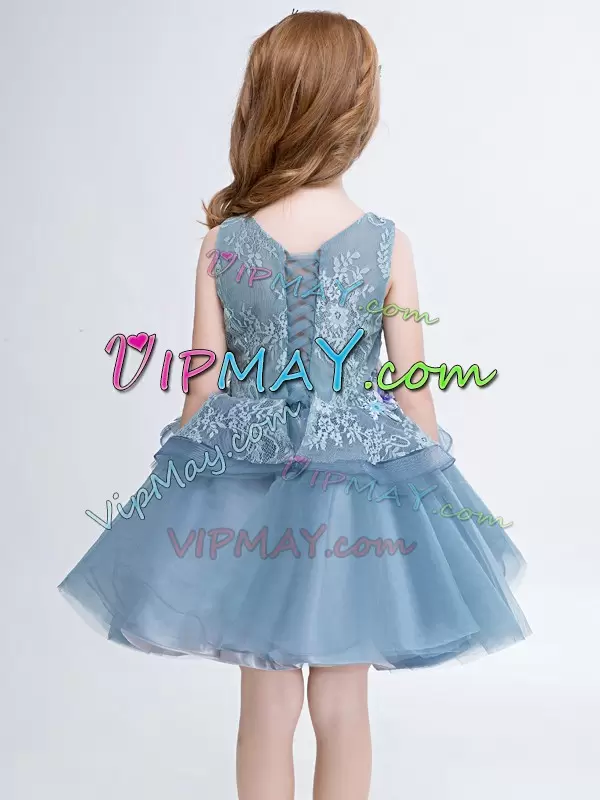 Amazing V-neck Sleeveless Lace Up Girls Pageant Dresses Grey Tulle Lace and Appliques