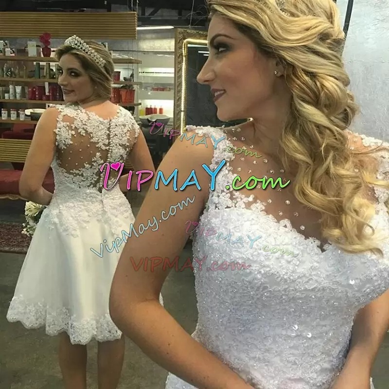 Sexy White Zipper Wedding Gown Lace and Appliques Sleeveless Mini Length