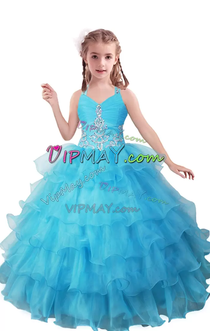 Organza Sleeveless Floor Length Custom Made Pageant Dress and Beading and Ruffled Layers