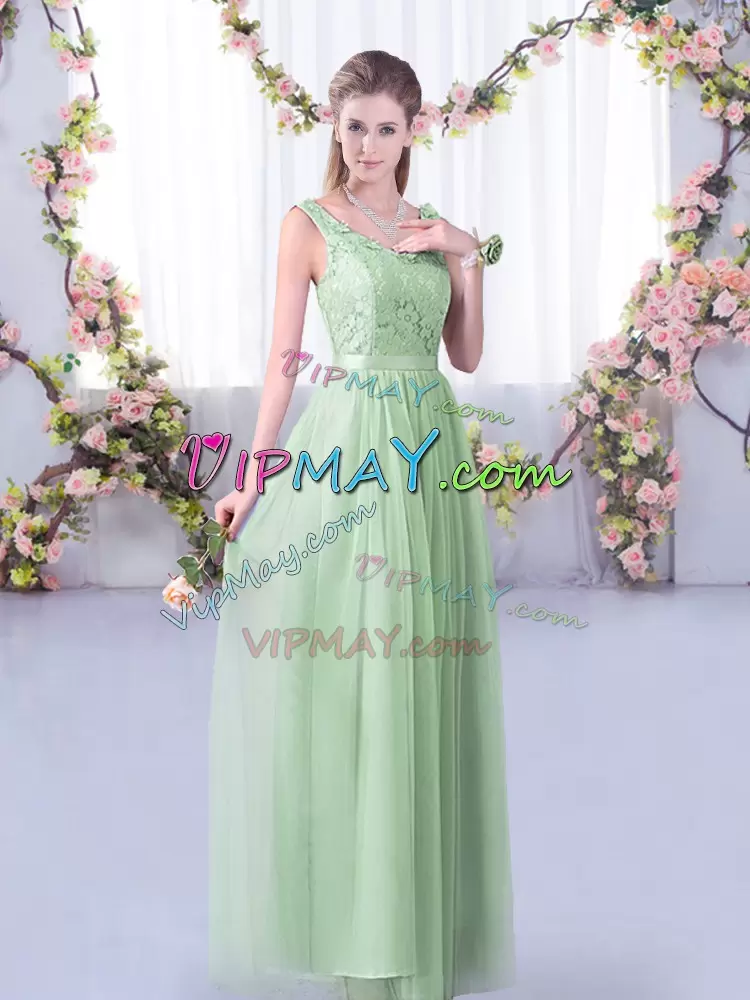 Simple Sleeveless V-neck Side Zipper Floor Length Lace and Belt Wedding Party Dress V-neck