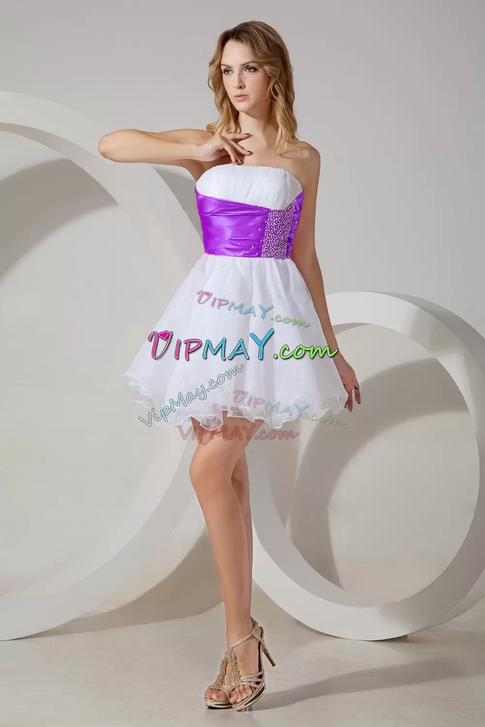 Mini Length Zipper Bridesmaid Gown White And Purple for Prom and Party and Wedding Party with Beading