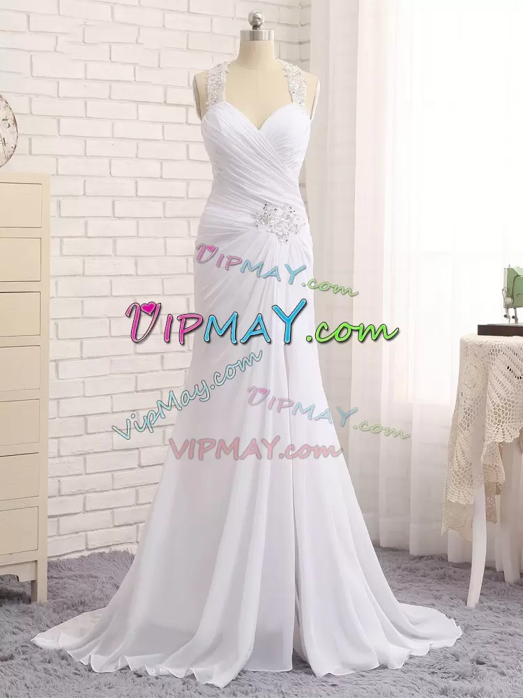 Decent White Straps Neckline Beading and Ruching Wedding Gowns Sleeveless Side Zipper