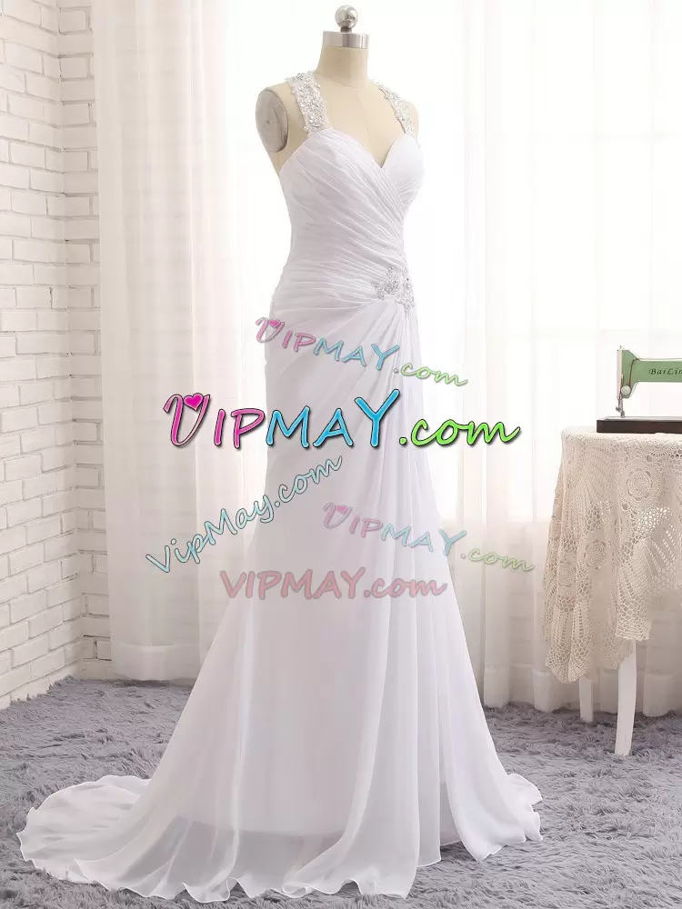 Decent White Straps Neckline Beading and Ruching Wedding Gowns Sleeveless Side Zipper