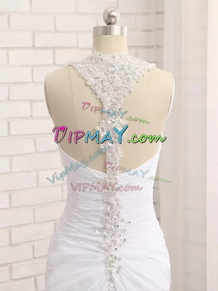 Decent White Straps Neckline Beading and Ruching Wedding Gowns Sleeveless Side Zipper