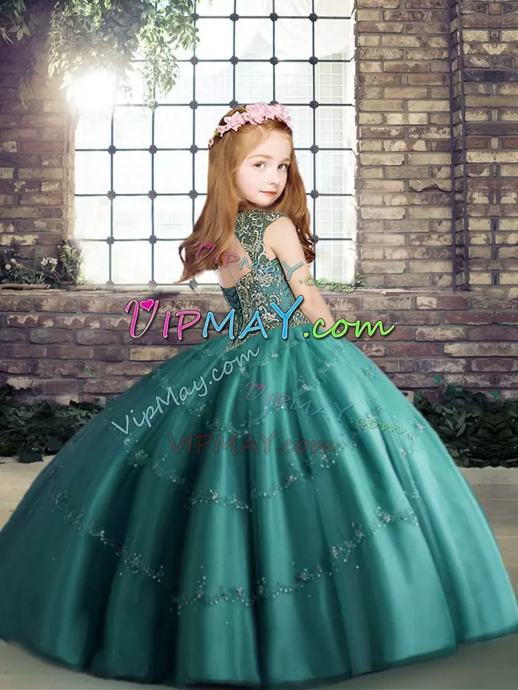 Elegant Floor Length Ball Gowns Sleeveless Teal Little Girl Pageant Gowns Lace Up