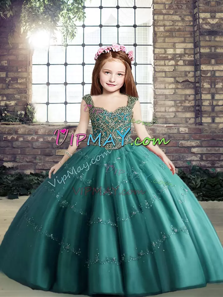 Elegant Floor Length Ball Gowns Sleeveless Teal Little Girl Pageant Gowns Lace Up